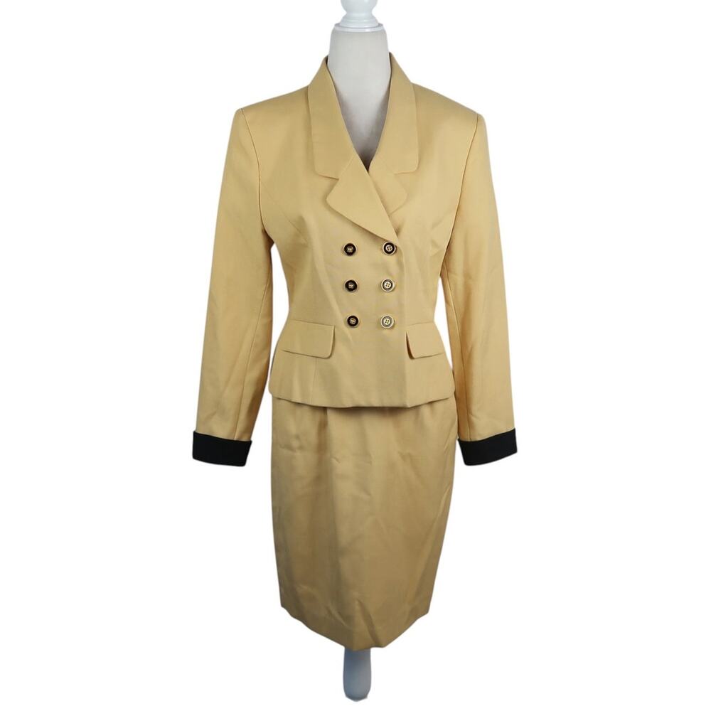 Vintage 90s Le Suit Mustard Yellow Blazer and Skirt Suit Set 6P